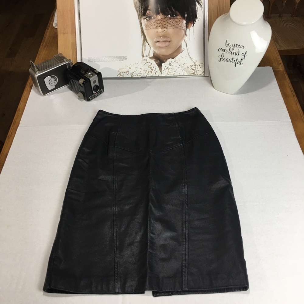 Vintage Pelle Cuir Black Leather Pencil Skirt 90s High Waist Made Korea Sz 12